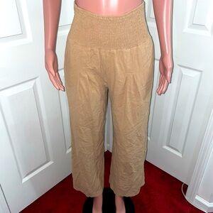 Smocked waist khaki linen ankle length pants size large